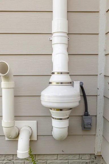 White plumbing pipes on exterior wall