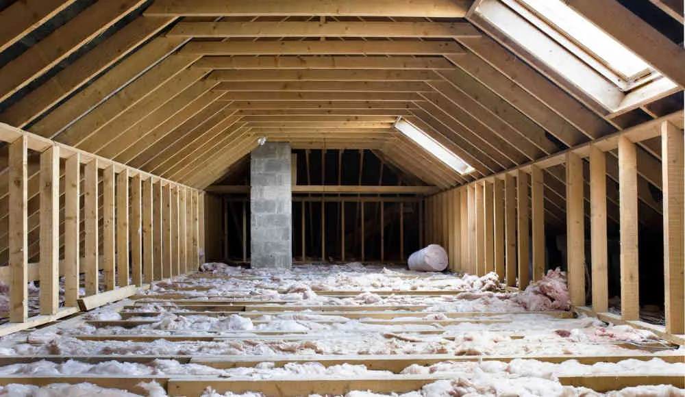 A spacious attic with exposed beams and insulation.