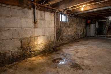 A clean basement with exposed concrete walls and floor