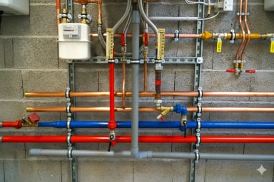 Colorful plumbing pipes on a gray wall