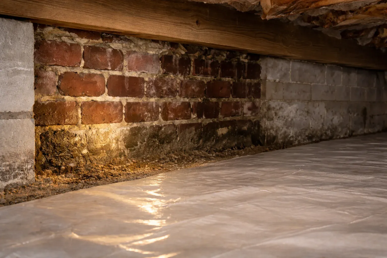 Close-up of a crawl space with brick walls and plastic sheet flooring