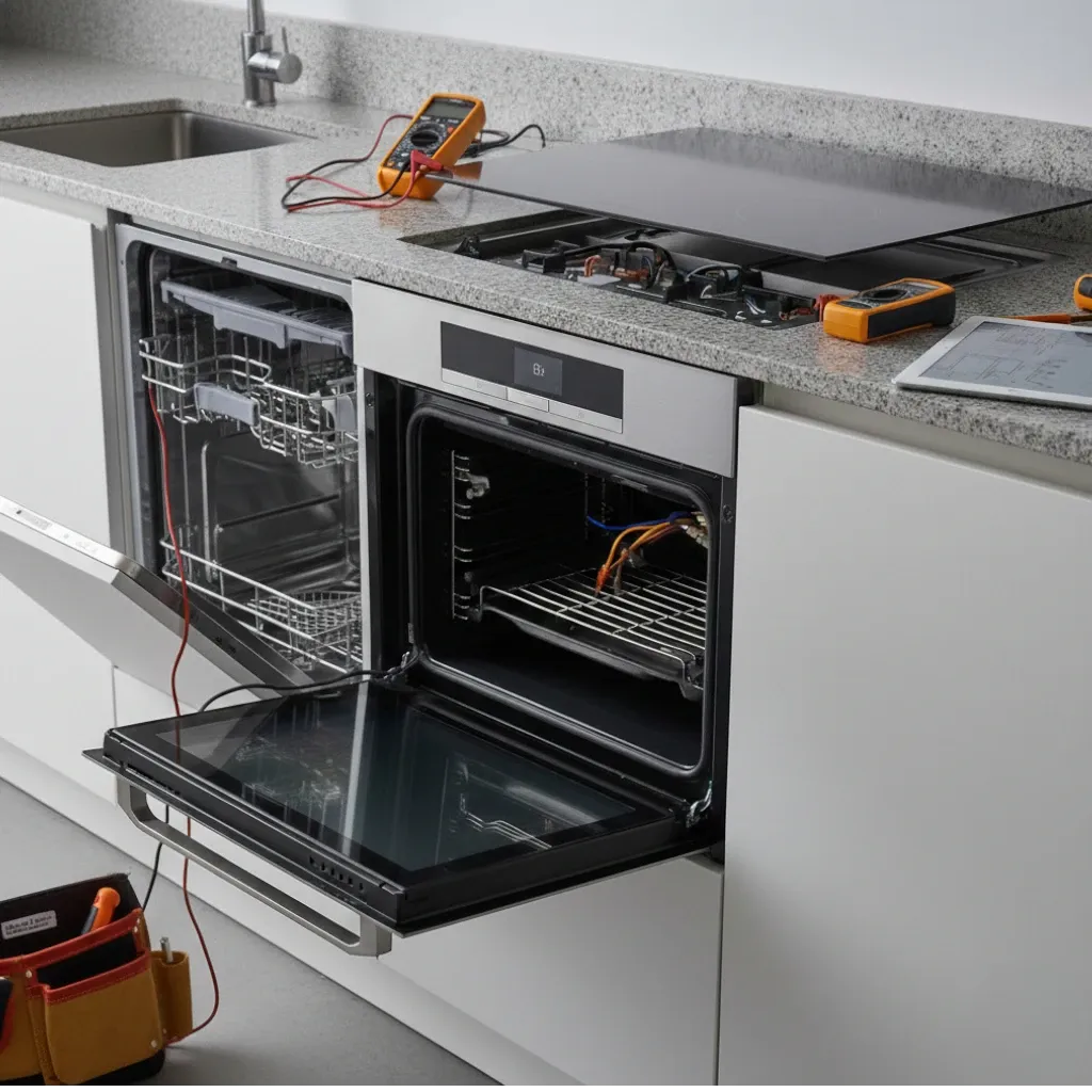 Modern kitchen appliances with open dishwasher and oven