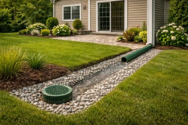 Residential landscape with drainage system and plants.