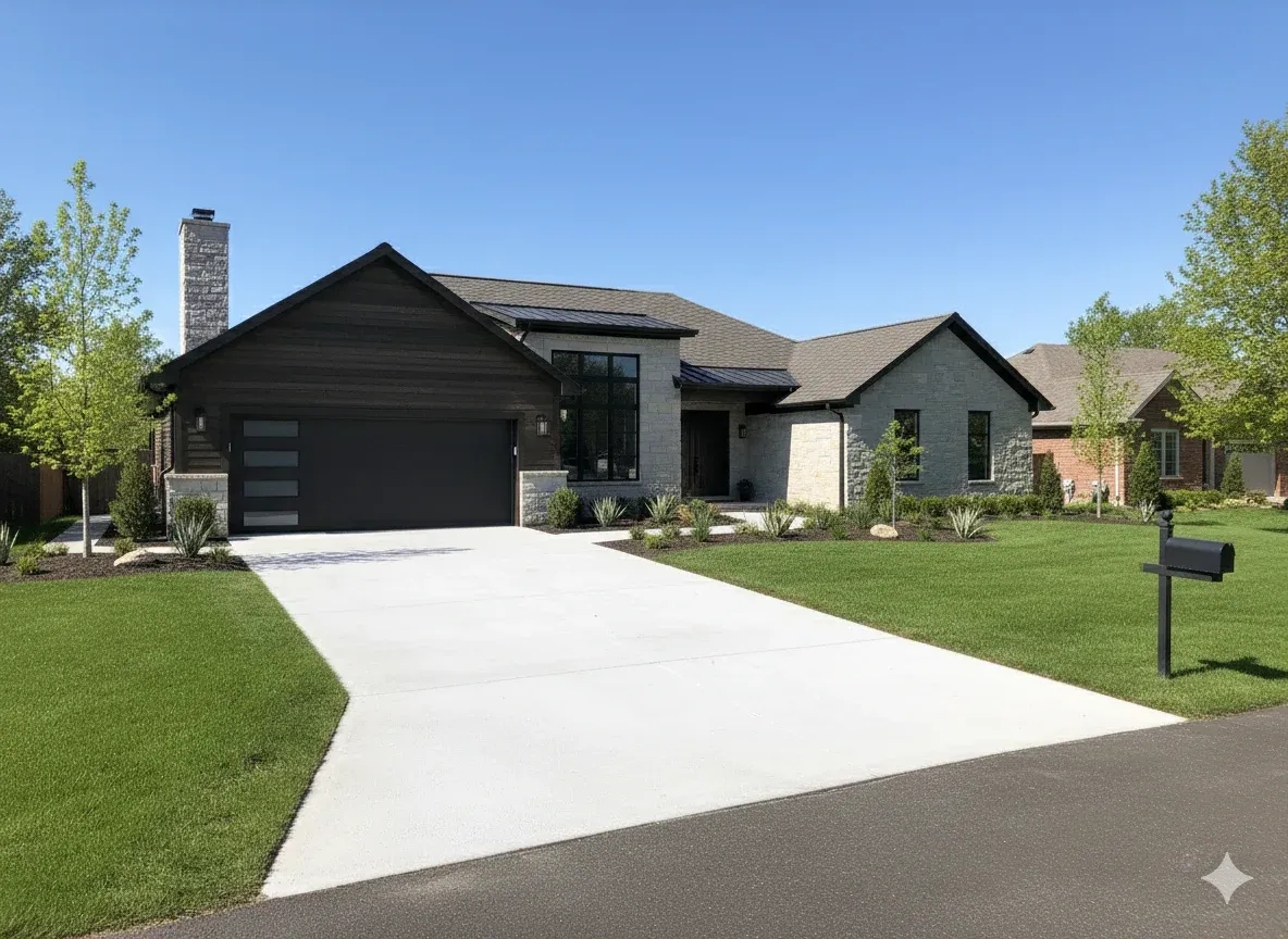 Modern residential house with stone accents and landscaped yard