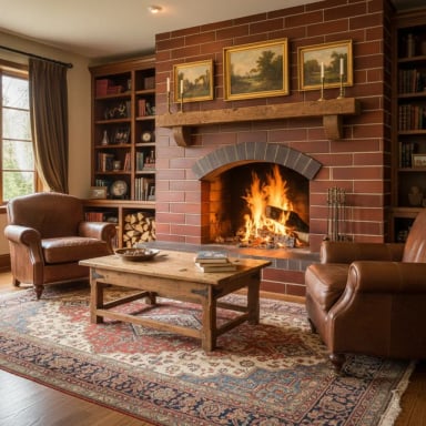 Cozy living room with a fireplace and wooden furniture