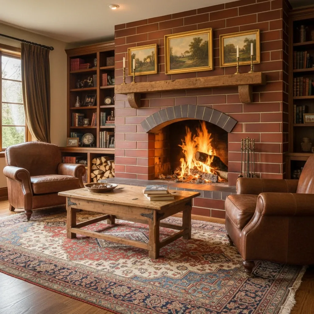 Cozy living room with a fireplace and wooden furniture